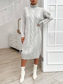 RueChic Solid Color Long Sleeve Turtleneck Twisted Belted Maxi Woolen Knit Dress - Apricot - View 6