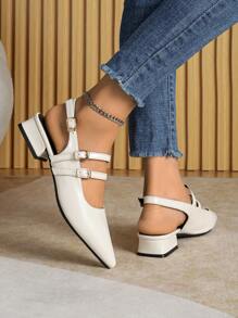 2025 秋季女士尖头低跟粗跟露趾凉鞋，黑色，穆勒玛丽珍款 - 糯米白色 - 查看 2