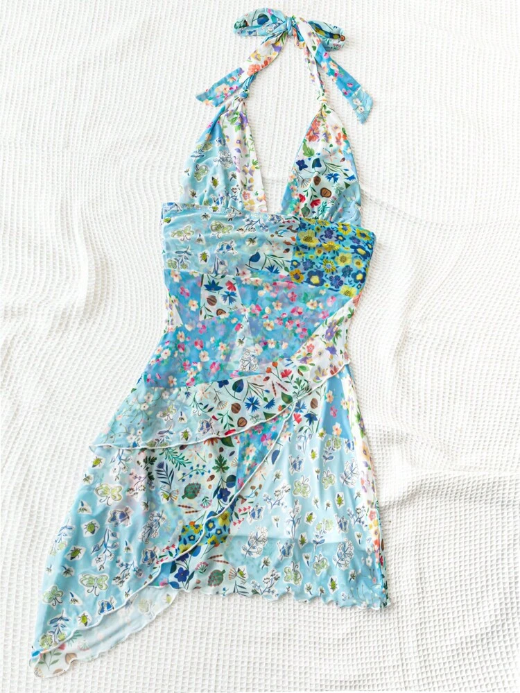 Color Block Floral Patchwork Backless Halterneck Bodycon Mini Vacation Dress