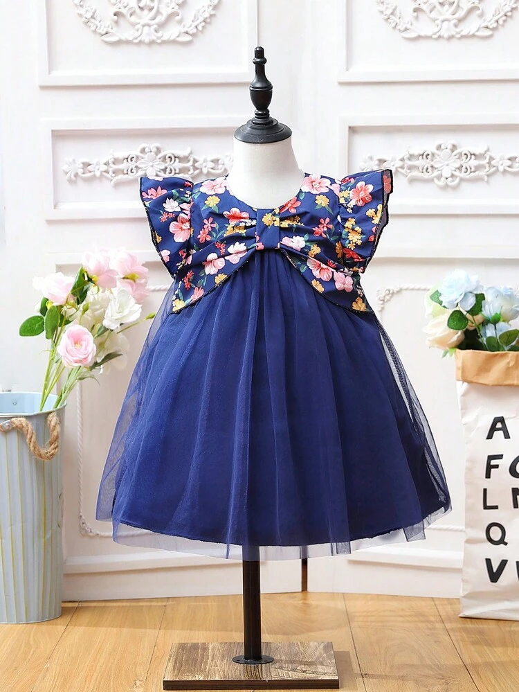 Baby Girl Elegant Navy Blue Tulle Floral Printed Daily/Casual Dress For Spring/Summer