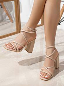 女士方头系带扣皮革凉鞋，透气，适合夏季散步，百搭粗跟高跟鞋 - 杏色 - 查看 1