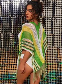 Swim EVENT 女士拼色針織織鉤流蘇邊和服風遮陽衣，適用於夏季、海灘和假期