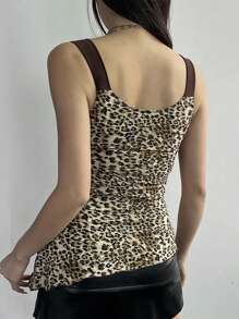 INAWLY Áo ba lỗ in họa tiết da báo vá viền bất đối xứng thời trang mùa hè cho nữ - Nhiều màu - Xem 2