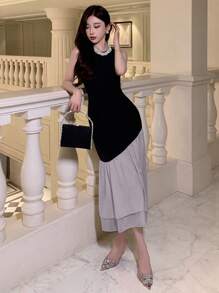 DAZY 女士拼色无袖圆领夏季连衣裙、生日舞会礼服、荷叶边、婚礼礼服 - 淺灰色 - 查看 5