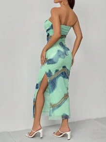Selianne Elegant Strapless Bodycon Side Slit Mesh Printed Women's Dress Maxi Women Outfit - Multicolor - View 2
