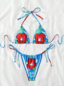 Conjunto de bikini sexy de mujer con estampado floral, cuello de halter con lazo, para vacaciones de verano