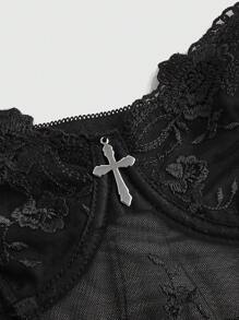ROMWE Goth 女士純色蕾絲短袖束腰夏季上衣 - 黑色 - 查看 3