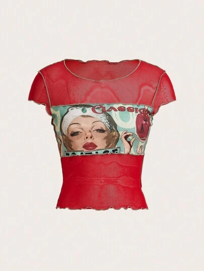 SHEIN ICON 女士拼色印花休閒短袖上衣，夏季