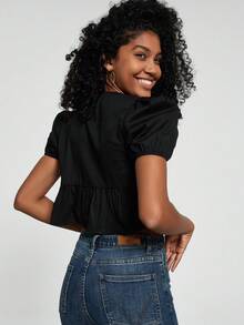 女士休闲纯色圆领蝴蝶结荷叶边短袖衬衫 - 黑色 - 查看 2