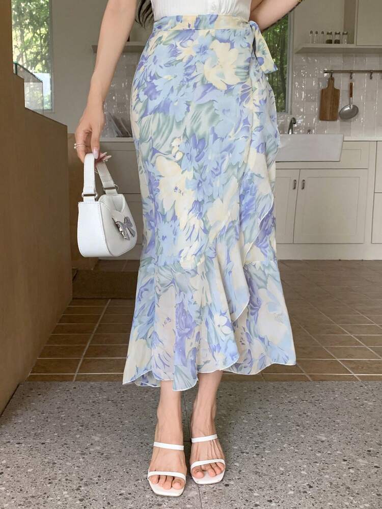 Women's Summer Elegant Floral Print Chiffon Ruffle Tie Wrap Skirt Vacation Outfits Women Easter Boho