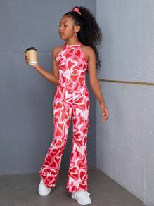 SHEIN SLAYR KIDS Tween Girl Casual Red Heart Printed Tank Top & Flared Long Two-Piece Set - Red - View 5