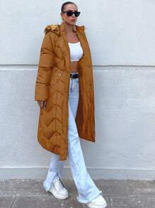 EURMUSE Solid Zip Up Fuzzy Trim Hooded Puffer Coat - Khaki - View 6