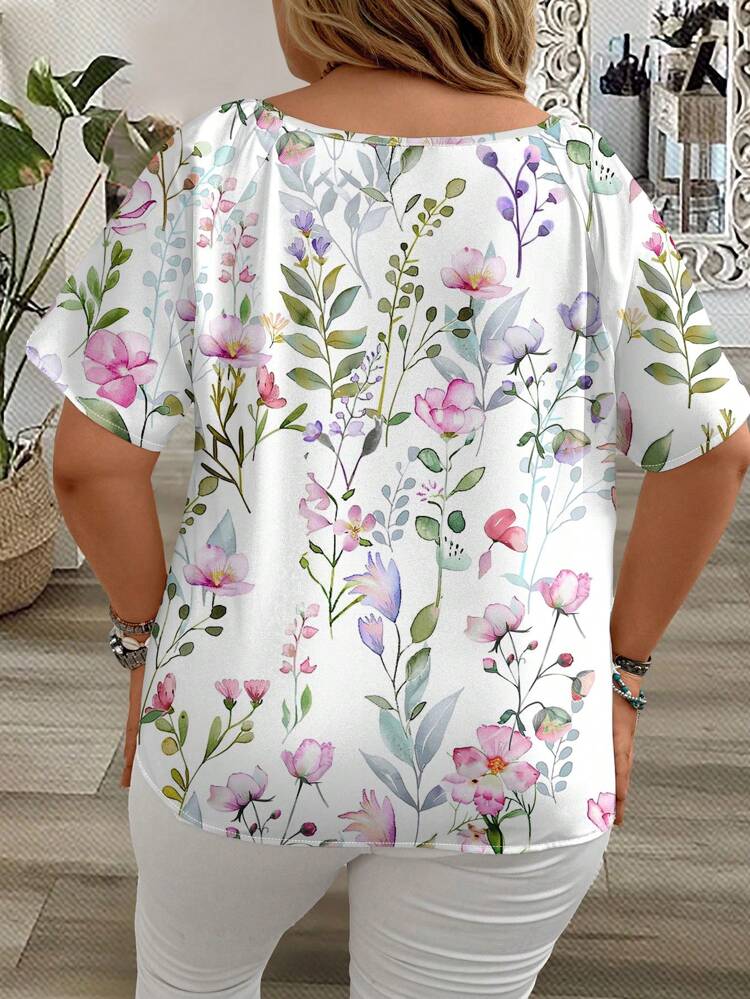Plus Size Women's Casual Leopard Sequin Pattern V-Neck Loose Short Sleeve Blouse, Summer Suitable For Going Out Chic Blouses For Women,Spring