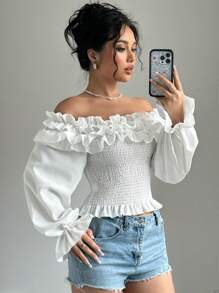 SHEIN Privé Blusa de mujer con hombros descubiertos y ribete de encaje - Blanco - Ver 6