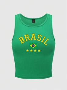 SHEIN Unity Women's Y2K Brazil Flag 'BRASIL' Printed Tank Top Graphic Tees Women Tops