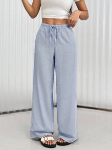 Flirla Pantalones rectos con cintura de cordón y diseño de rayas casual - Azul - Ver 1