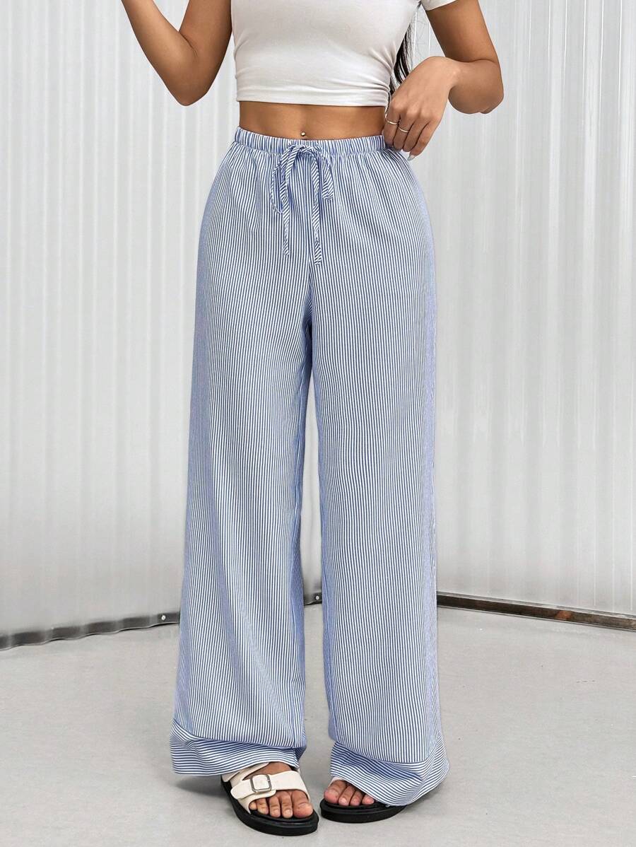 Flirla Pantalones rectos con cintura de cordón y diseño de rayas casual - Azul - Ver 1