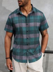 Manfinity Homme Áo sơ mi ngắn tay kẻ sọc mùa hè cỡ lớn cho nam - Nhiều màu - Xem 1
