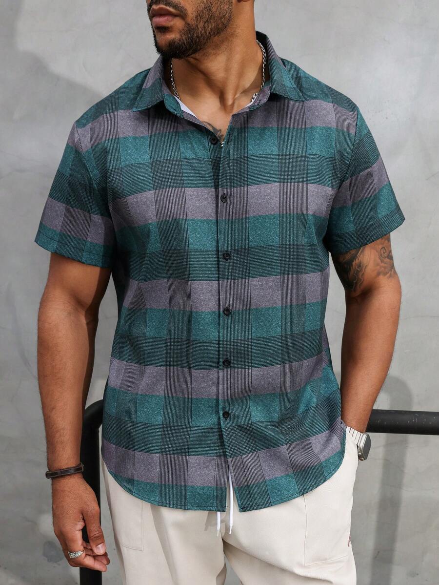 Manfinity Homme Áo sơ mi ngắn tay kẻ sọc mùa hè cỡ lớn cho nam - Nhiều màu - Xem 1