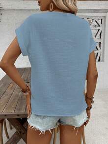 SHEIN LUNE Holiday Casual Crochet Patchwork Batwing Sleeve Shirt - Blue - View 2