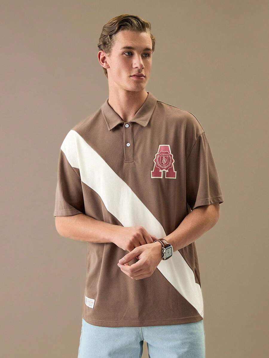 Manfinity VCAY Men's Loose Knitted Short Sleeve Polo Shirt With English Printed Pattern, College Style,Back To School - Multicolor - View 1