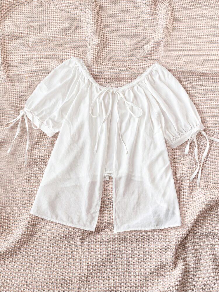 Women's Loose Fit White Shirt With Fringes, Tie Decoration, Round Neckline And Open Back, Suitable For Vacation, Summer, Romantic, Casual, Easter, Graduation Season, Back To School And Party Lunch