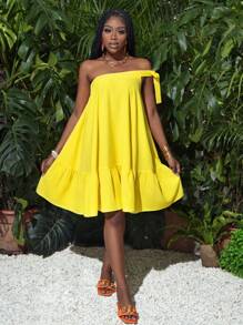 Slaydiva 夏季休閒度假單肩蝴蝶結A字褶邊寬鬆黃色短裙女裝 - 黃色 - 查看 1