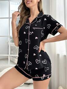 對比色邊緣泡泡紋印花睡衣套裝，配襯領和前開口 - 黑色 - 查看 6