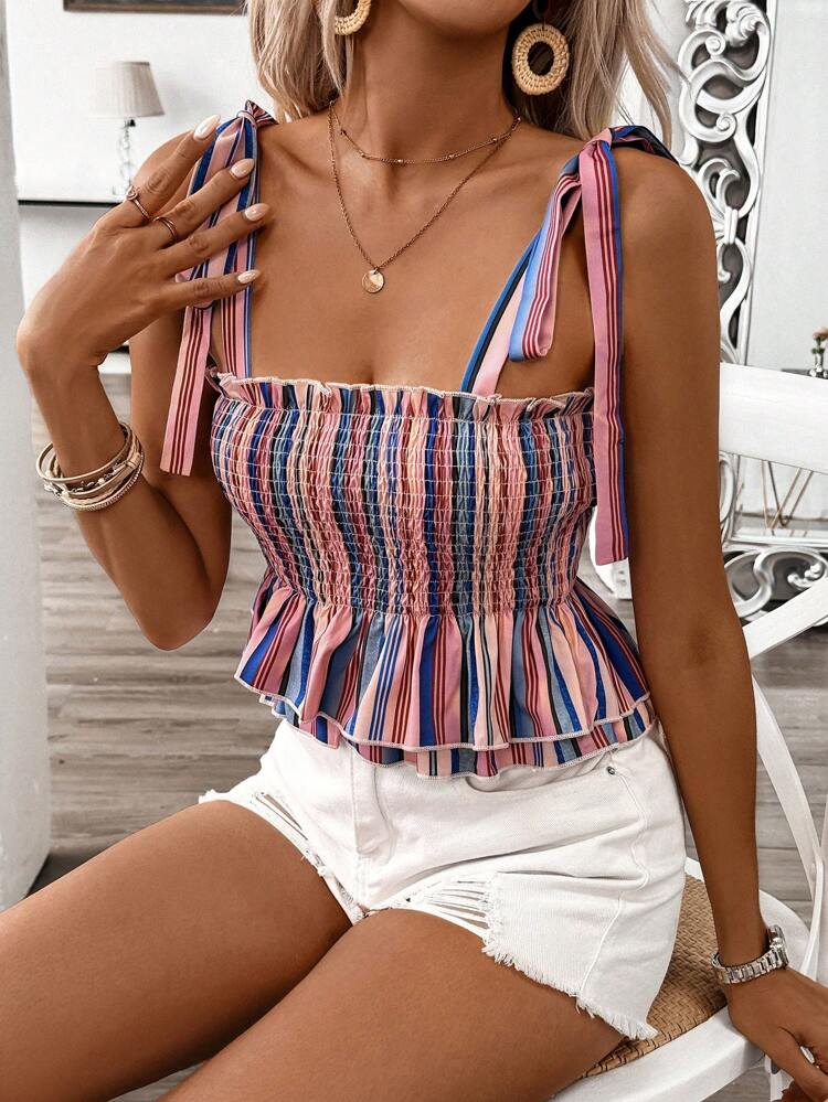 Women's Color Block Striped Summer Casual Camisole With Ruffle Hem