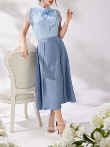 Modelyn Elegant Women's 3D Floral Decorated Top And Skirt Set