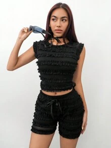 SHEIN Unity 女士夏季純色圓領對稱荷葉邊上衣和短褲休閒套裝 - 黑色 - 查看 1