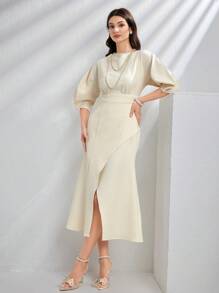 Modelyn Váy xẻ eo thanh lịch mùa hè dành cho nữ - Màu be - Xem 4