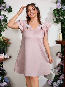 Flirla Đầm tay xếp nếp in họa tiết Plus Size dành cho nữ - Hồng - Xem 3