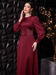 Veilorie 酒红色女士纯色灯笼袖长款优雅连衣裙，腰部饰有褶皱细节，春夏长款晚礼服 - 酒紅色 - 查看 4