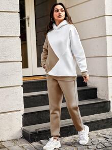 SHEIN Cottnline Women's Color Block Hoodie And Pants Tracksuit Set - Beige - View 5