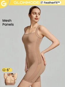 GLOWMODE 6" FeatherFit™ Mesh Romper Bodysuit Anti-Slip Light Support Yoga Pilates Studio Gym Daily - Camel - View 1