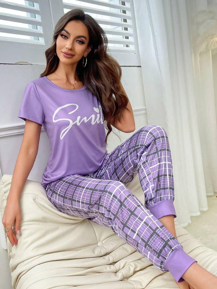 Women's Printed Plaid Casual Pajama Set