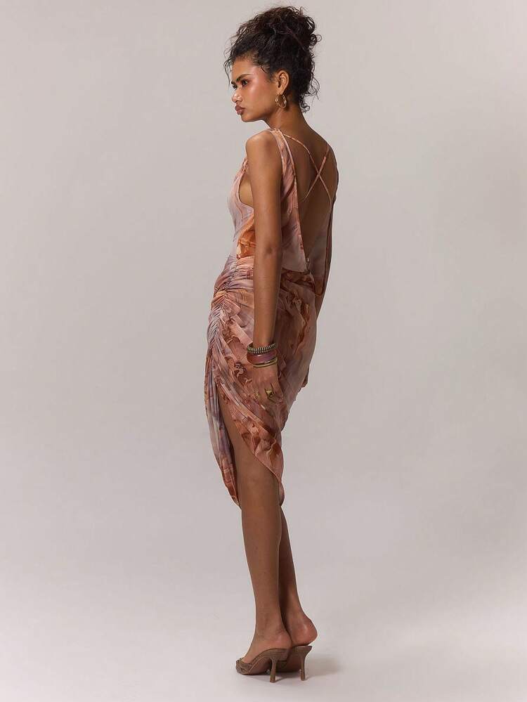 Sexy Abstract Printed Cowl Neck Midi Dress Elegant Spring Summer Vacation Party