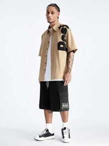 Manfinity RebelGame Men's Drawstring Waist Loose Fit Letter Printed Cargo Shorts With Pockets - Black - View 3