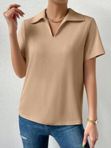 SHEIN ChicEase Camisa Polo casual para mujer de manga corta y unicolor de verano - Marrón - Ver 5