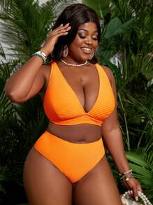 SHEIN Slayr Plus Size Women's Fashion Cross Strap Backless Bikini Bathing Suit Set Summer - Burnt Orange - View 5