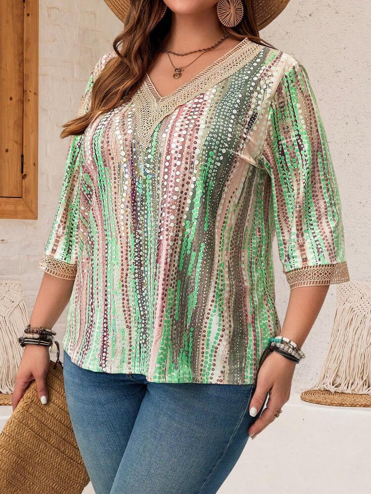 Plus Size Women's Summer Tie Dye Printed Lace Splicing V-Neck 3/4 Sleeve Casual T-Shirt, Vacation Style