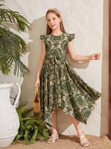 Tween Girl Vacation Style Round Neck Cap Sleeve Dress With Asymmetrical Hemline, Knee-Length - Green - View 5