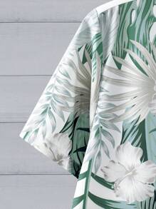 Manfinity RSRT 男性熱帶植物印花短袖休閒襯衫，夏季假期款式，前扣式領口圖案襯衫 - 白色 - 查看 4