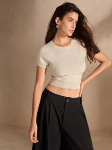 Anewsta Áo len dệt kim tay ngắn, cạp cao, dài ngắn, cổ tròn, không đường may, ôm vừa vặn, vải jacquard, áo tay raglan thời trang - Màu be - Xem 5