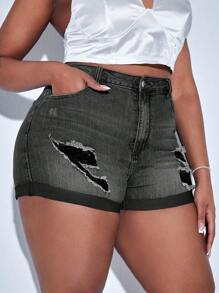 SHEIN SXY Pantalones cortos de mezclilla desgastados en talla grande para mujer con dobladillo enrollado y bolsillo - Gris - Ver 1