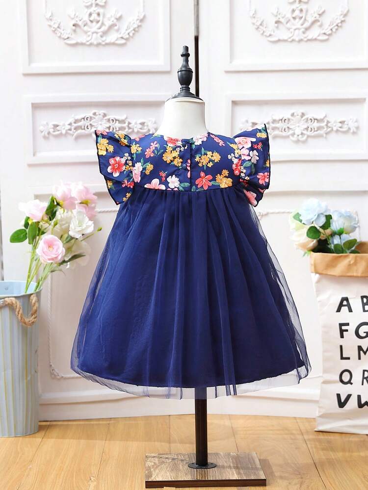Baby Girl Elegant Navy Blue Tulle Floral Printed Daily/Casual Dress For Spring/Summer