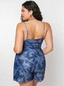 Forever 21 Y2K蝴蝶印花大碼女士背心牛仔褲連體褲，夏季款式，細肩帶 - 藏蓝色 - 查看 2