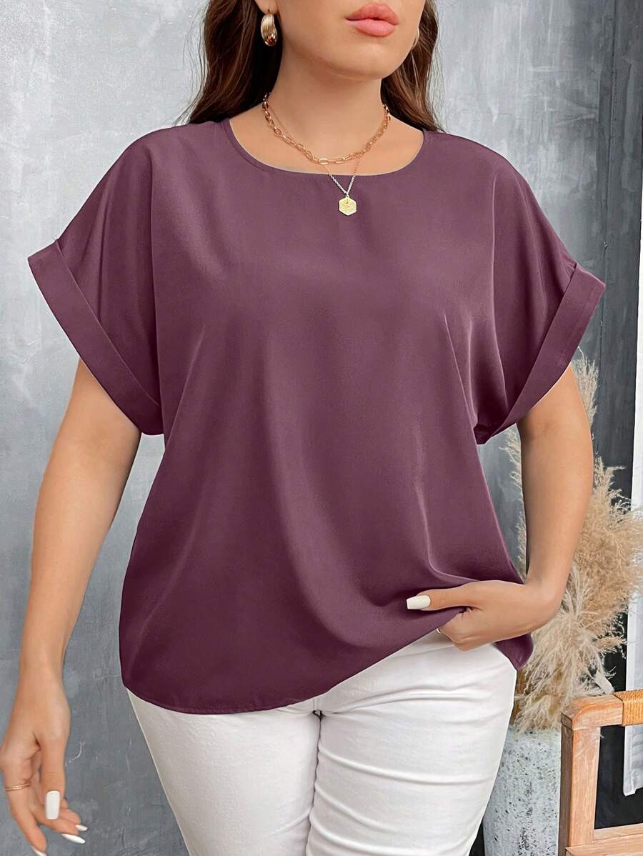 SHEIN LUNE Áo sơ mi denim cổ tròn rộng rãi cỡ lớn màu xanh lam đơn giản thường ngày có vai trễ - Màu Hồng Tươi - Xem 1