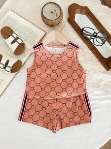 SHEIN Unisex Baby Cute Bear Printed Tank Top And Shorts Set, Summer - Brown - View 1